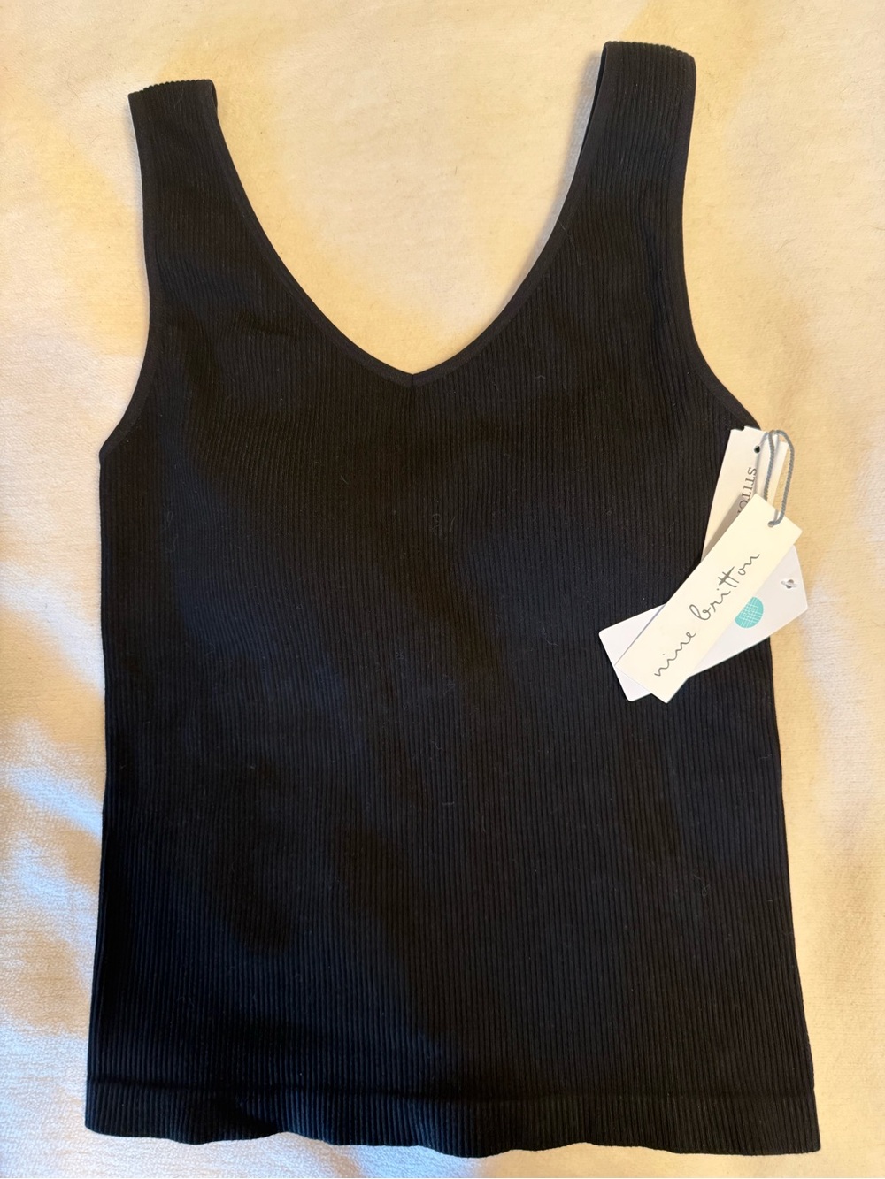 nine britton Black Ribbed V-Neck Tank Top